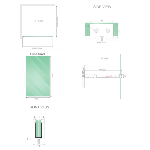 Della Francesca 80X210cm Single Shower Glass Screen With Black U Brackets & Square Pole Shower Enclosures