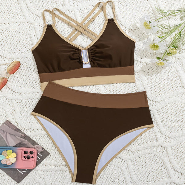 Double Shoulder Strap High Waist  Two Piece Swimsuit For Women Swimwear