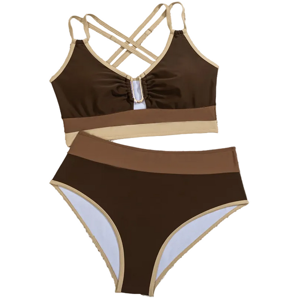 Double Shoulder Strap High Waist  Two Piece Swimsuit For Women Swimwear