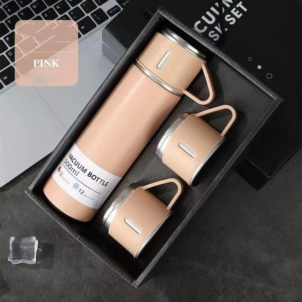 A Cup Of Three Lid Vacuum Flask Portable Fashion Gift Box Set Stainless Steel Water Bottles & Vacuum Flasks