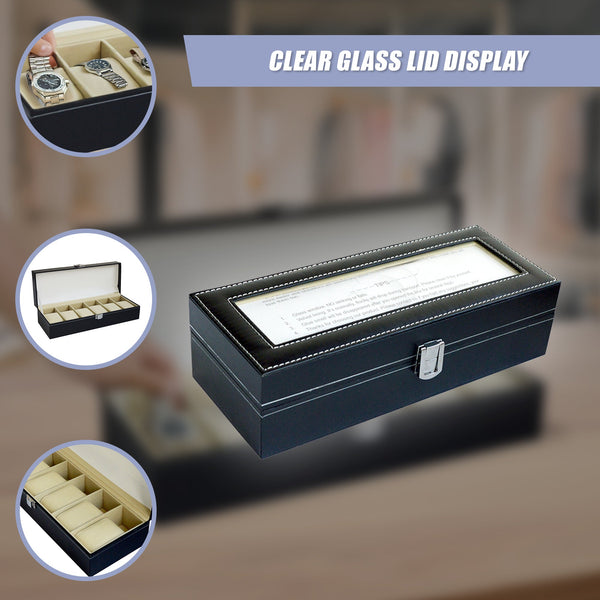 6 Slot Mens Watch Display Case Box Black Pu Leather Boxes & Cases