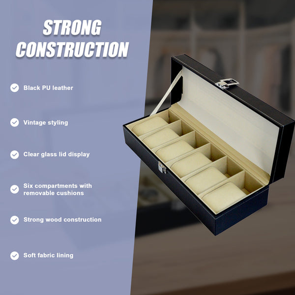6 Slot Mens Watch Display Case Box Black Pu Leather Boxes & Cases