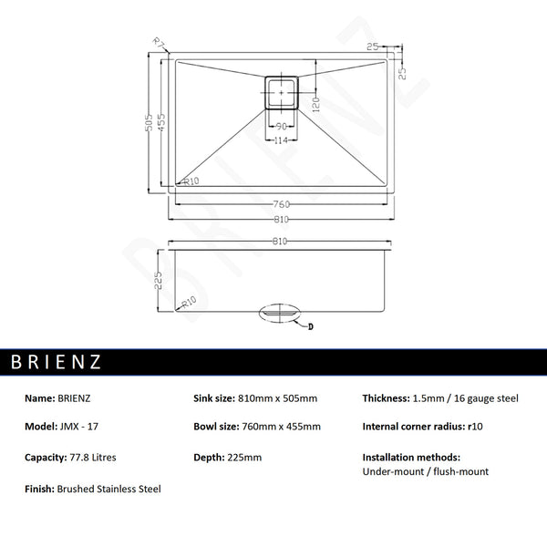 810X505mm Handmade 1.5Mm Stainless Steel Undermount / Topmount Kitchen Sink With Square Waste Kitchen Sinks