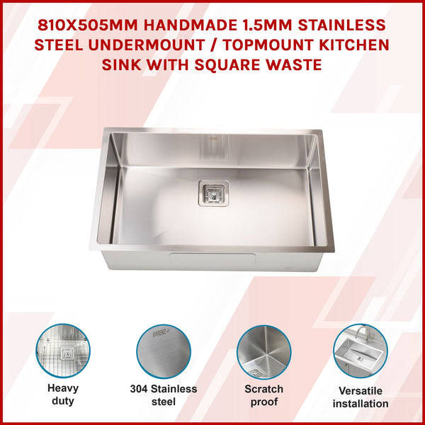 810X505mm Handmade 1.5Mm Stainless Steel Undermount / Topmount Kitchen Sink With Square Waste Kitchen Sinks