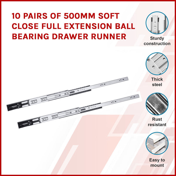10 Pairs Of 500Mm Soft Close Full Extension Ball Bearing Drawer Runner Kitchen Cabinet Doors And Fronts