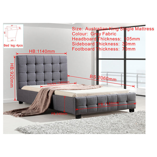 King Single Linen Fabric Deluxe Bed Frame Grey King Single Bed Frames