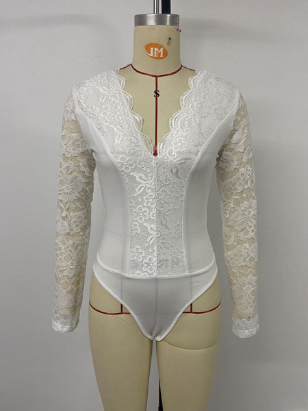 Solid Color Long Sleeve V Neck Lace Jumpsuit Jumpsuits Rompers & Playsuits
