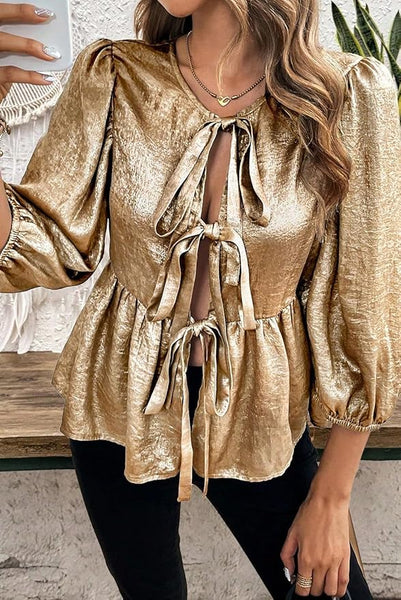 Gold Bow Tie Front Puff 3/4 Sleeve Ruffle Hem Blouse Xl Tops