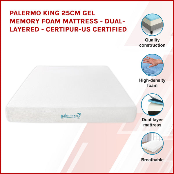 Palermo King 25Cm Gel Memory Foam Mattress Dual Layered Certipur Us Mattresses