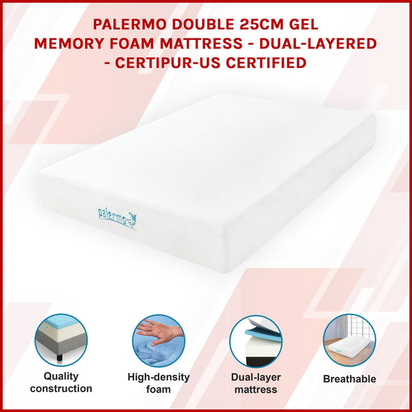 Palermo Double 25Cm Gel Memory Foam Mattress Dual Layered Certipur U Mattresses