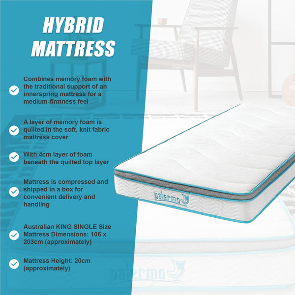 Palermo King Single 20Cm Memory Foam And Innerspring Hybrid Mattress Mattresses