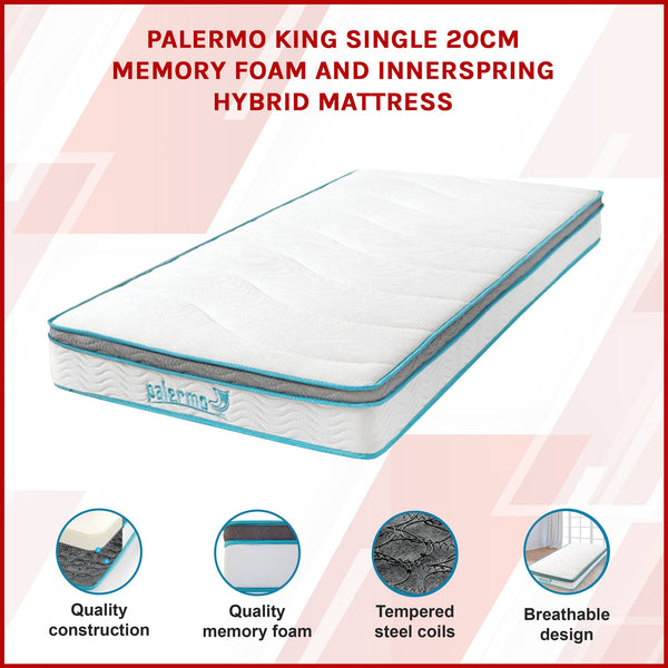 Palermo King Single 20Cm Memory Foam And Innerspring Hybrid Mattress Mattresses