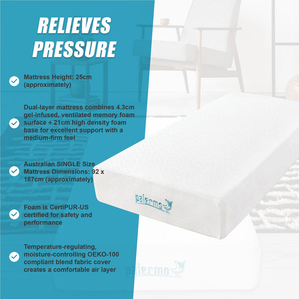 Palermo Single 25Cm Gel Memory Foam Mattress Dual Layered Certipur Us Mattresses