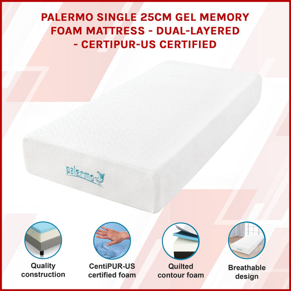 Palermo Single 25Cm Gel Memory Foam Mattress Dual Layered Certipur Us Mattresses