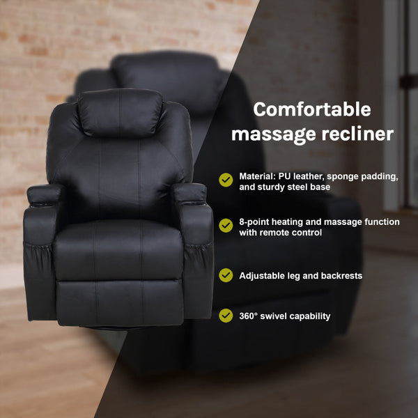 Black Massage Sofa Chair Recliner 360 Degree Swivel Pu Leather Lounge 8 Point Heated Electric Massage Chairs
