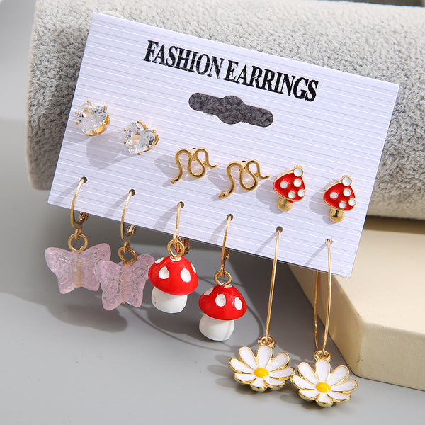 Veile Studios 6 Pairs Creative Flower Mushroom Butterfly Snake Drop Earrings