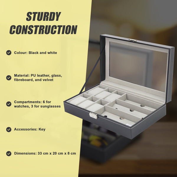 Randy & Travis Machinery 6+3 Grid Watch Sunglass Eyeglasses Display Box Case Storage Organizer Pu Leather Storage Boxes