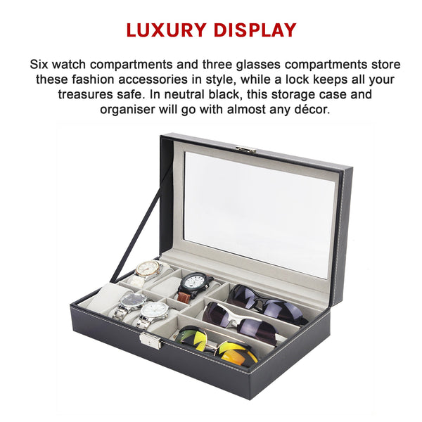 Randy & Travis Machinery 6+3 Grid Watch Sunglass Eyeglasses Display Box Case Storage Organizer Pu Leather Storage Boxes