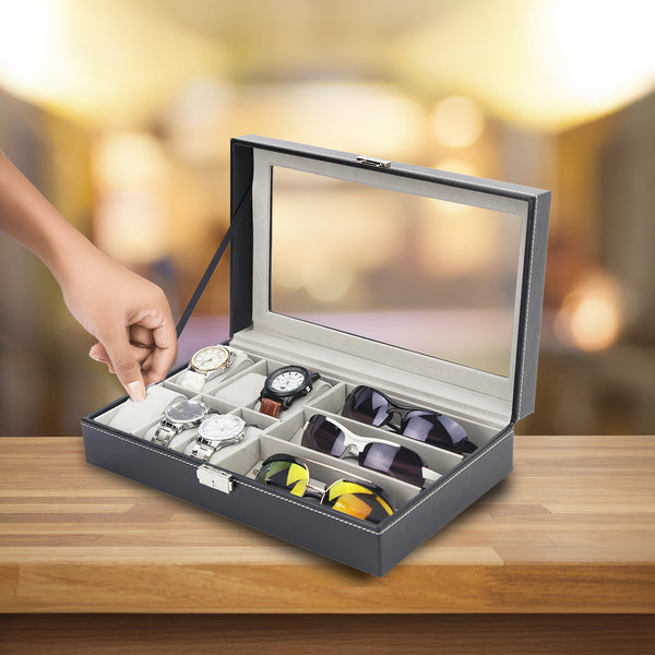 Randy & Travis Machinery 6+3 Grid Watch Sunglass Eyeglasses Display Box Case Storage Organizer Pu Leather Storage Boxes