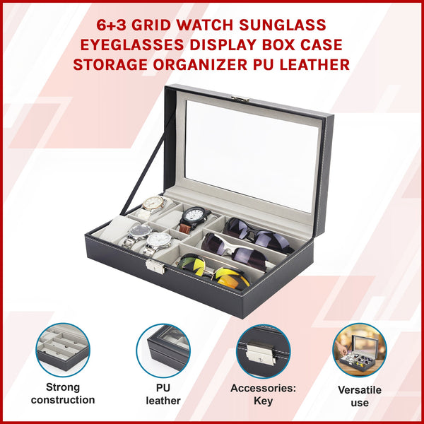 Randy & Travis Machinery 6+3 Grid Watch Sunglass Eyeglasses Display Box Case Storage Organizer Pu Leather Storage Boxes