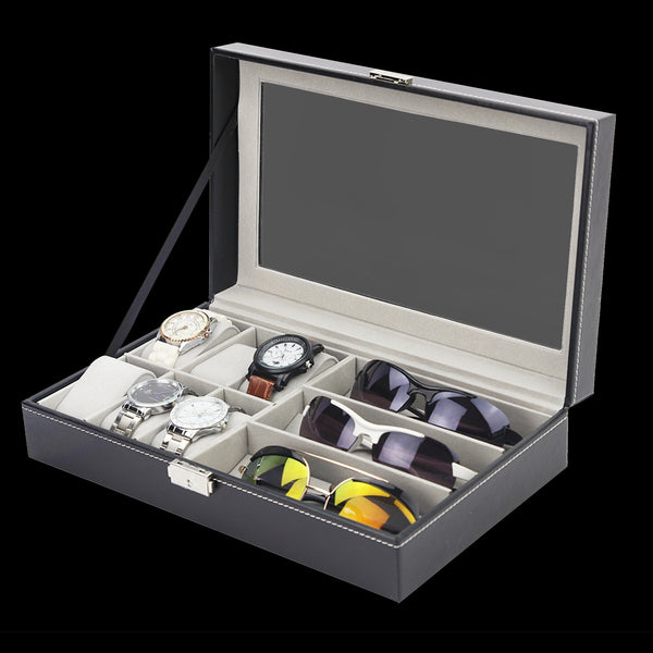 Randy & Travis Machinery 6+3 Grid Watch Sunglass Eyeglasses Display Box Case Storage Organizer Pu Leather Storage Boxes