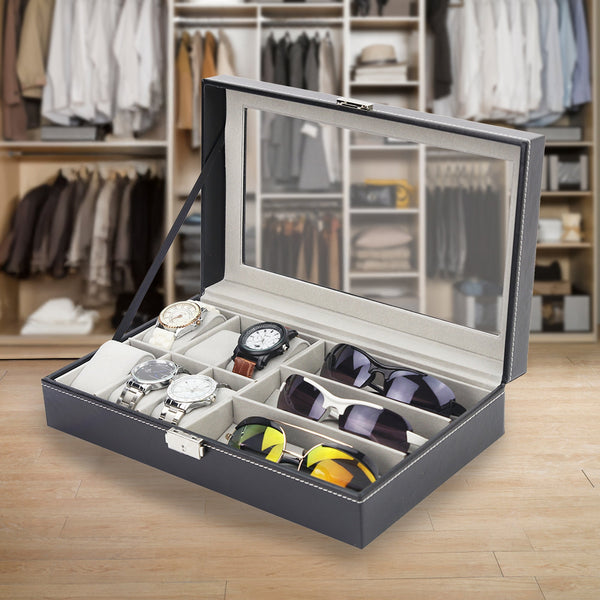 Randy & Travis Machinery 6+3 Grid Watch Sunglass Eyeglasses Display Box Case Storage Organizer Pu Leather Storage Boxes