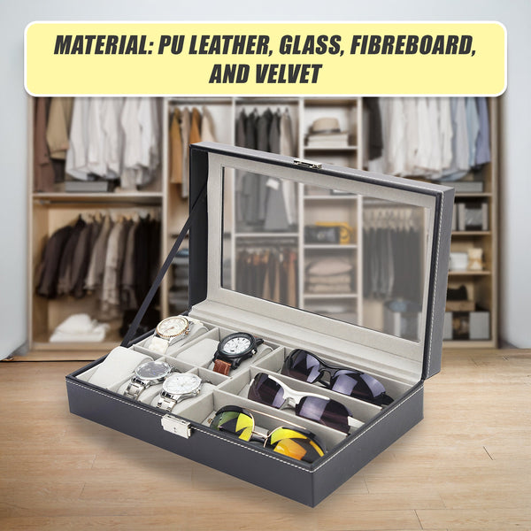 Randy & Travis Machinery 6+3 Grid Watch Sunglass Eyeglasses Display Box Case Storage Organizer Pu Leather Storage Boxes