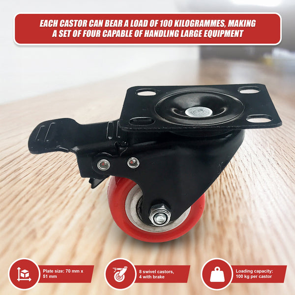 8 X 2" Polyurethane Swivel And 4 With Brake Castor Wheels