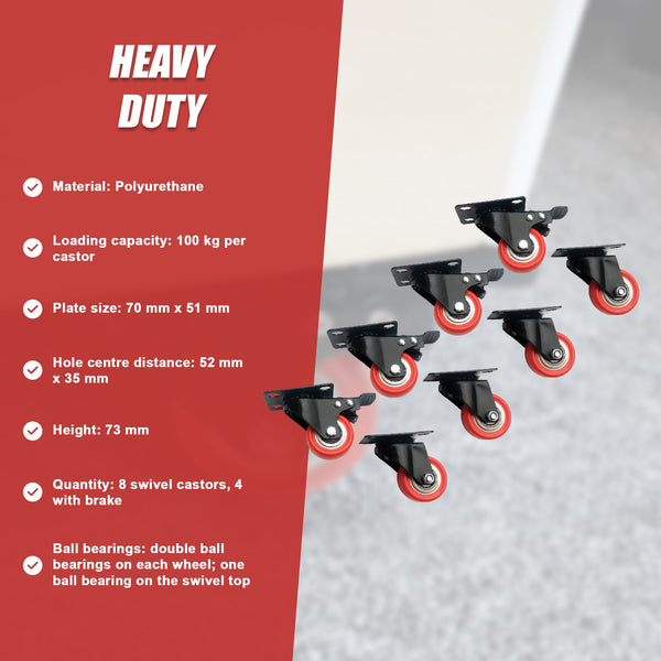 8 X 2" Polyurethane Swivel And 4 With Brake Castor Wheels