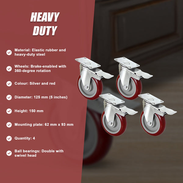 4 X 5" Heavy Duty 400Kg Swivel Trolley Furniture Caster All Brake Castor Wheels