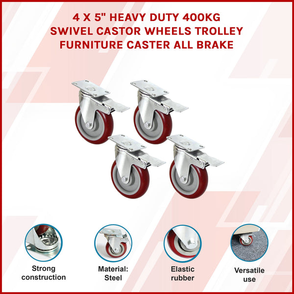 4 X 5" Heavy Duty 400Kg Swivel Trolley Furniture Caster All Brake Castor Wheels