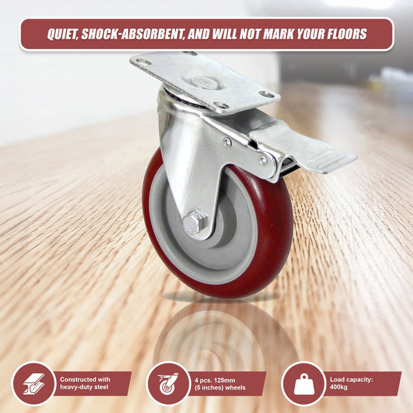 4 X 5" Heavy Duty 400Kg Swivel Trolley Furniture Caster All Brake Castor Wheels