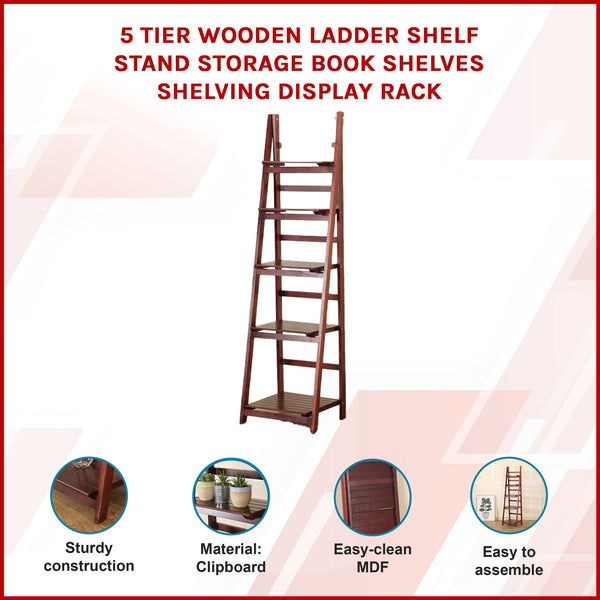 5 Tier Ladder Shelf Stand Storage Book Shelves Shelving Display Rack Bookshelves