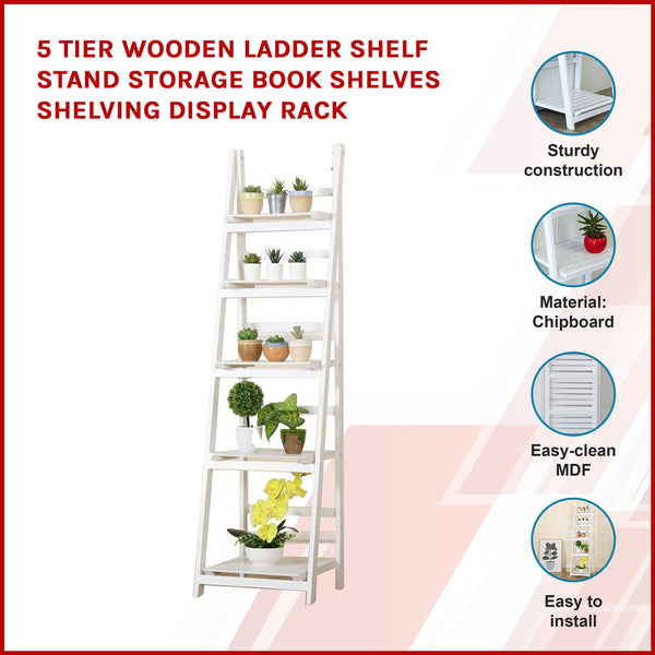 5 Tier Ladder Shelf Stand Storage Book Shelves Shelving Display Rack Bookshelves