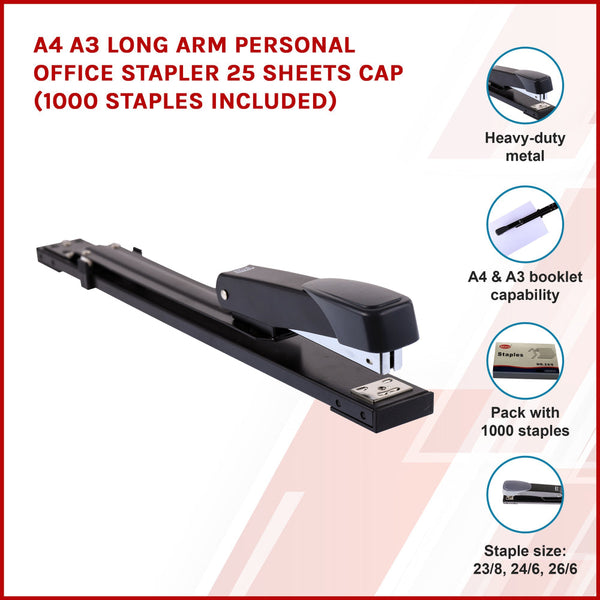 A4 A3 Long Arm Personal Office Stapler 25 Sheets Cap (1000 Staples Included) Staplers
