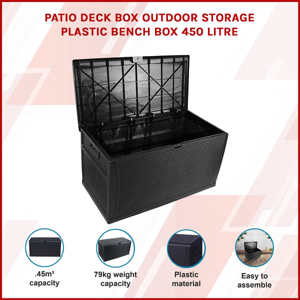 Patio Deck Box Outdoor Storage Plastic Bench 450 Litre Storage Deck Boxes