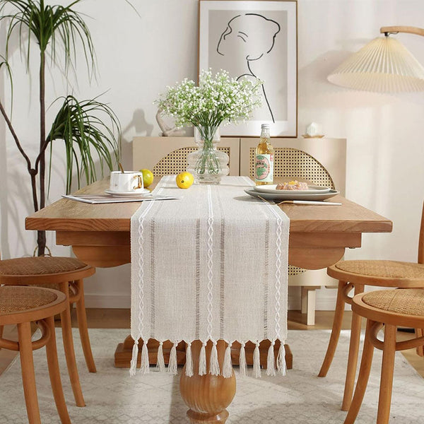 Hand Woven Cotton And Linen Table Flag With Hollow Tassels Perfect For Home Rustic Dining Tables Table Runners