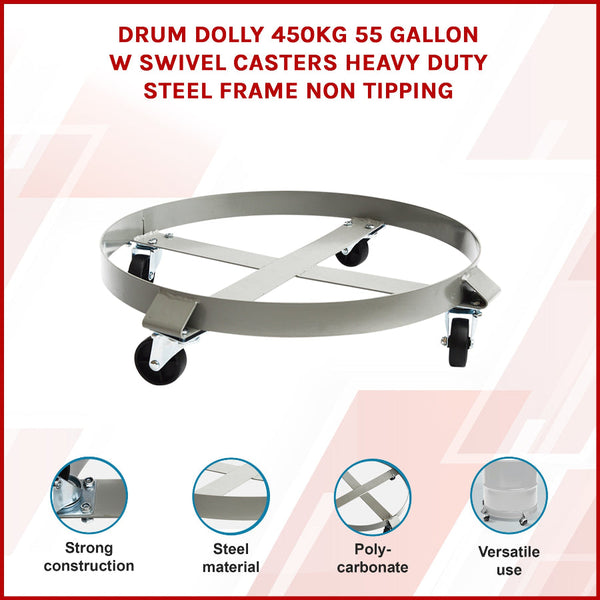 Drum Dolly 450Kg 55 Gallon W Swivel Casters Heavy Duty Steel Frame Non Tipping Workshop Dollies