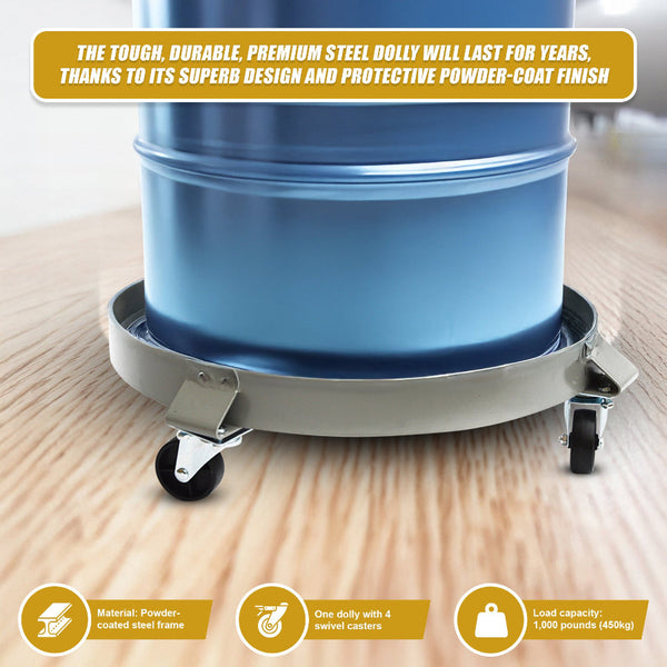 Drum Dolly 450Kg 55 Gallon W Swivel Casters Heavy Duty Steel Frame Non Tipping Workshop Dollies