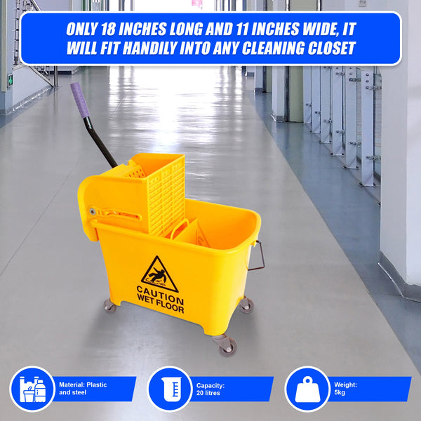 20L Deluxe Mop Wringer Bucket Side Press Janitor Commercial Cleaning Mops Brooms & Scrubbers