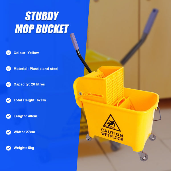 20L Deluxe Mop Wringer Bucket Side Press Janitor Commercial Cleaning Mops Brooms & Scrubbers