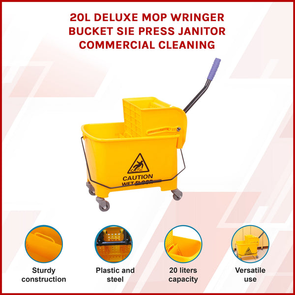 20L Deluxe Mop Wringer Bucket Side Press Janitor Commercial Cleaning Mops Brooms & Scrubbers