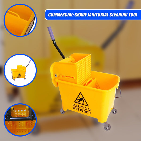 20L Deluxe Mop Wringer Bucket Side Press Janitor Commercial Cleaning Mops Brooms & Scrubbers