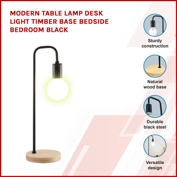 Modern Table Lamp Desk Light Timber Base Bedside Bedroom Black Lamps