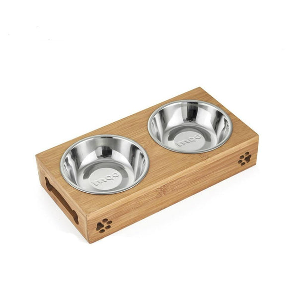 Ceramic Or Stainless Steel Pet Feeding Bowls With Bamboo Stand
