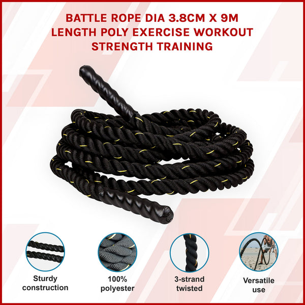 Battle Rope Dia 3.8Cm X 9M Length Poly Exercise Workout Strength Training Skip Jump Ropes