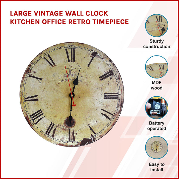 Large Wall Clock Kitchen Office Retro Timepiece Wall Clocks