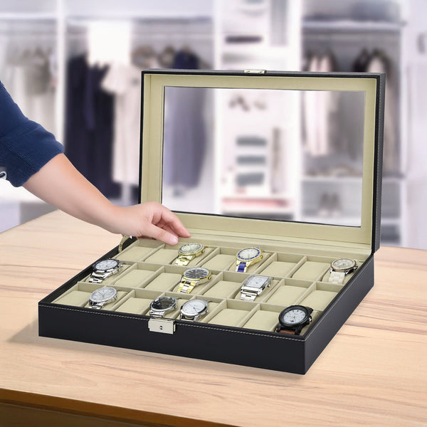 Watch Box 24 Slot Luxury Display Case With Framed Glass Lid Boxes & Cases