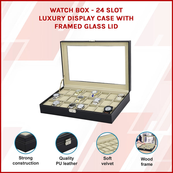 Watch Box 24 Slot Luxury Display Case With Framed Glass Lid Boxes & Cases