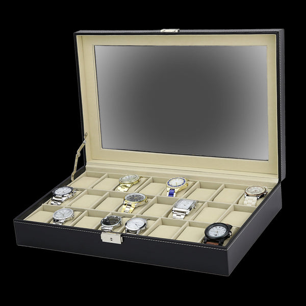 Watch Box 24 Slot Luxury Display Case With Framed Glass Lid Boxes & Cases
